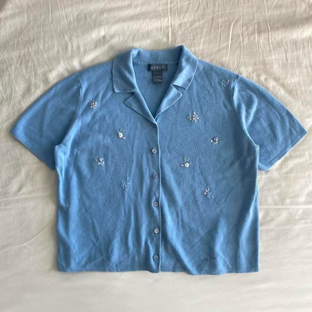 Blue Vintage Embroidered Floral Button-Up Shirt